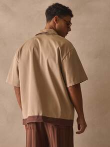 Musero Oversized Boxy Short Sleeve Revere Collar Dropped Shoulder Top Contrast Trim Style Button Through Shirt Spring Summer Essentials - Brown - View 5