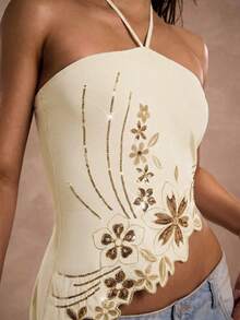 SHEIN BAE 女士系带领亮片印花不对称下摆时尚百搭约会休闲上衣 - 杏色 - 查看 4