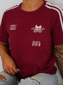 SAYEHFBABY Camiseta casual de mujer de manga corta para verano con estampado de letra de estilo motocicleta y decoración a rayas, ropa de otoño - Burdeos - Ver 3