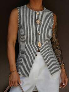 SAYEHFBABY 女式夏季休闲通勤条纹前扣背心 - 黑與白 - 查看 6