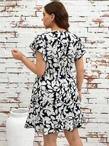 Reflora Plus Size Floral Print Casual Vacation Dress - Black and White - View 2