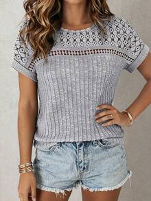 Selamara Light Gray Ribbed Knit Patchwork Hollow Out Short Sleeve Top - Grey - View 3