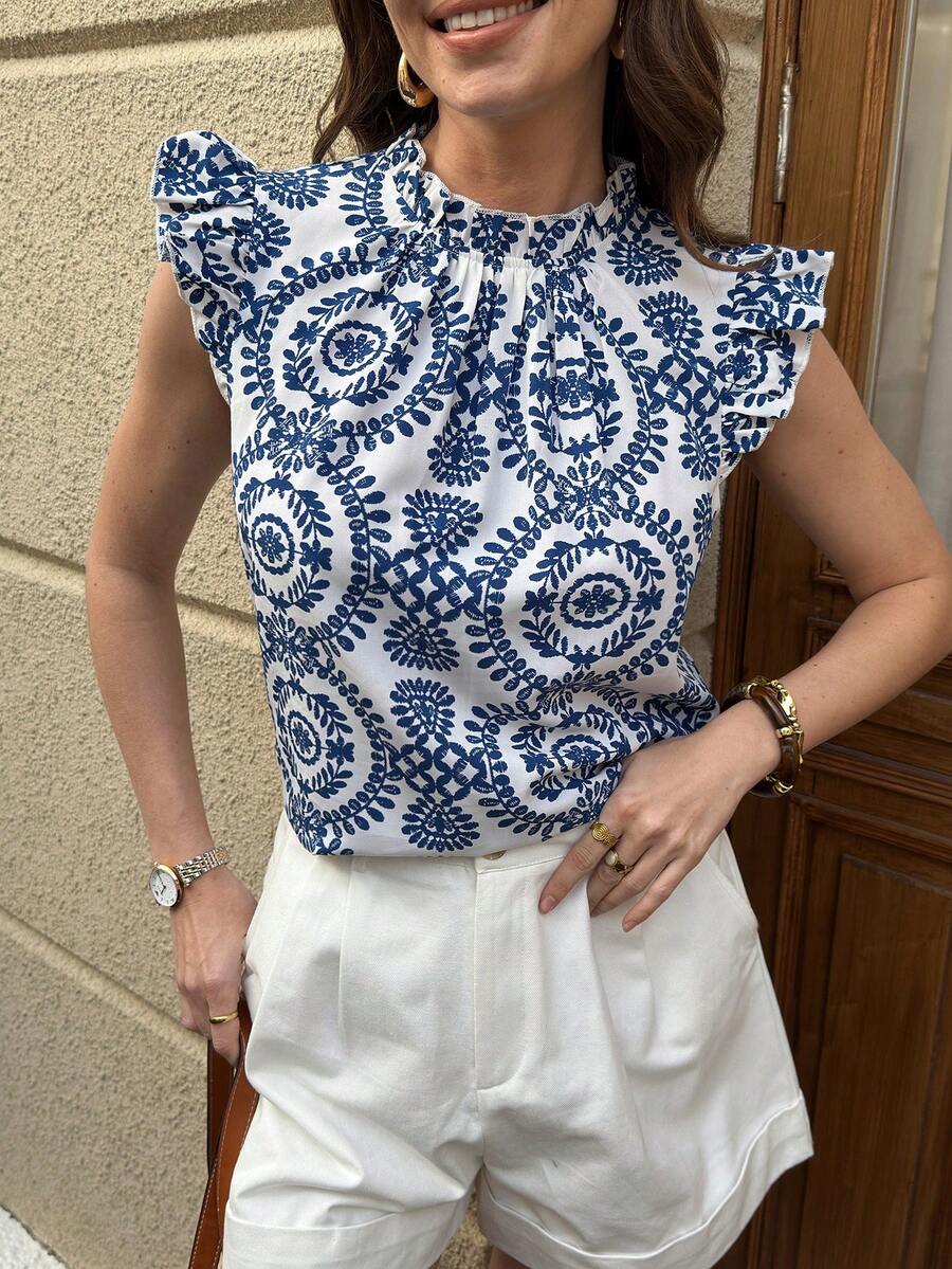 Solivie 女士休闲日常荷叶边印花衬衫，夏季 - 白色 - 查看 1