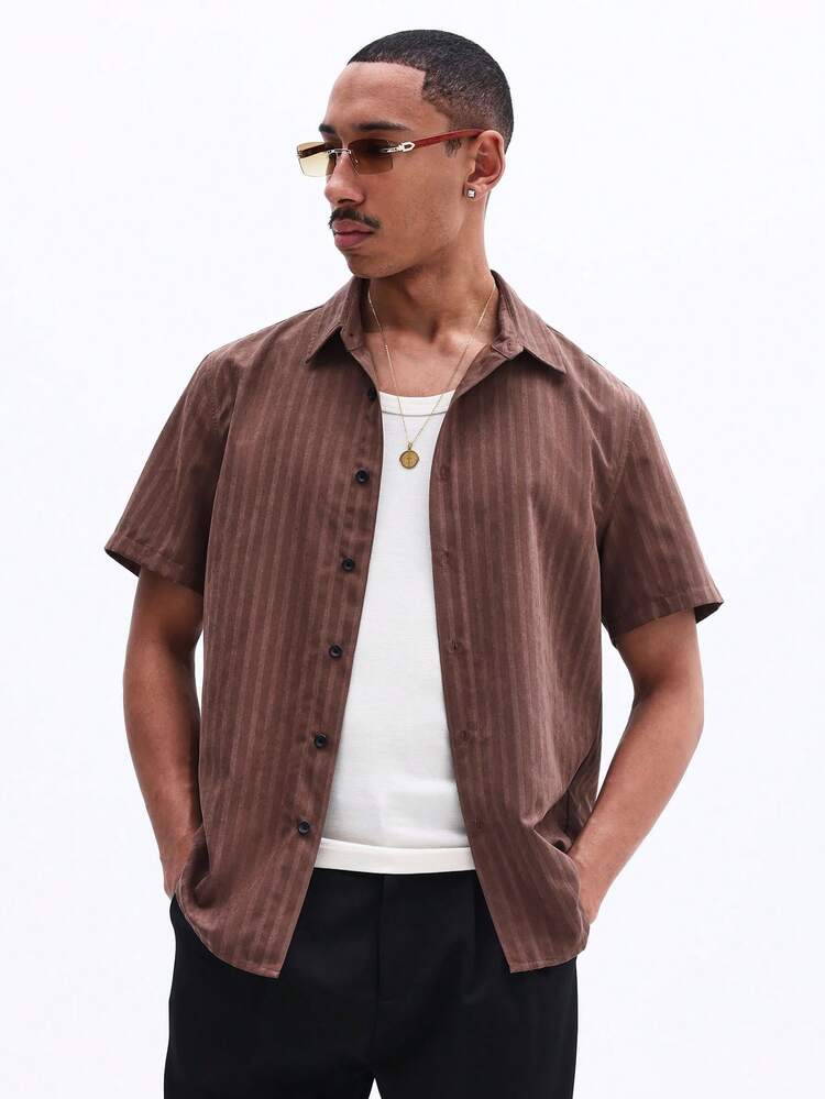 Brown Striped Short Sleeve Button Shirt