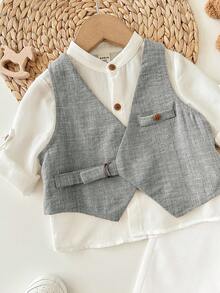 Bộ 3 món đồ cho bé trai dễ thương, kiểu dáng thường ngày, đơn giản, gồm áo vest và áo sơ mi cổ đứng tay dài có thể điều chỉnh, cùng quần tây, kiểu dáng lịch lãm. - Xám - Xem 7