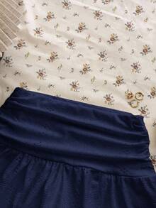 Teen Girls Navy Blue Knit Casual Versatile Hollow Textured Ruched A-Line Mini Skirt, Suitable For Summer - Navy Blue - View 3