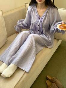 DAZY Spring Sweet Frill Trim Raglan Sleeve Loose Women Pajama Set - Purple - View 5