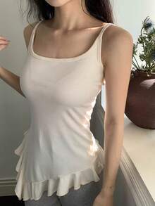 DAZY Asymmetrical Ruffle Hem Camisole Women Sleepwear Top - Beige - View 3