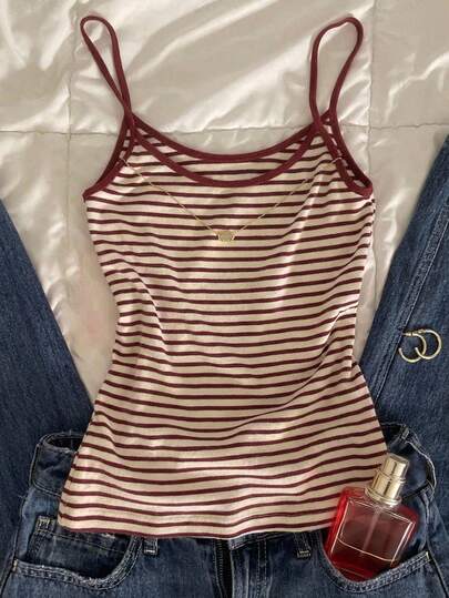 TEENGIRL Bright Color Brazil Print Contrast Color Casual Camisole Snug Fit Cami Top, Suitable For Summer, Sports & Leisure Slim Fit Camisole Casual Basic Burgundy Striped Tank Top