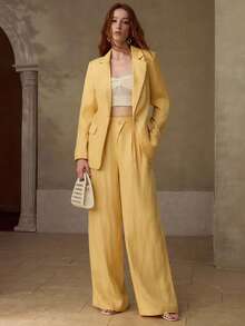 MOTF PREMIUM 女士100%亚麻长袖西装外套，休闲约会装，春夏款 - 黃色 - 查看 4