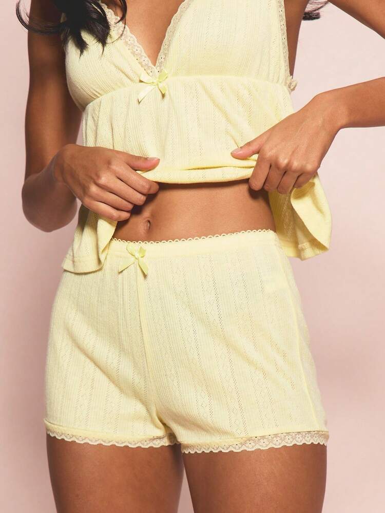 MISSGUIDED Pointelle Knit Lace Trim Cami And Hot Pants Sleepwear Set Soft Comfortable Nightwear With Delicate Feminine Details