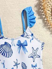 少女新款时尚贝壳印花荷叶边连体泳衣和罩裙套装 - 藍白色 - 查看 4