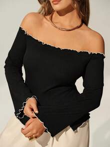 Auralis 优雅露肩喇叭袖白色撞色滚边修身套头衫，罗纹高弹力，Y2K 街头风日常穿搭，精致情人节约会T恤，大码 - 黑與白 - 查看 5