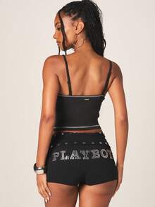 Missguided x Playboy 金属色包缝吊带背心，印花和铆钉细节设计，适合夏季节日穿着 - 黑色 - 查看 3