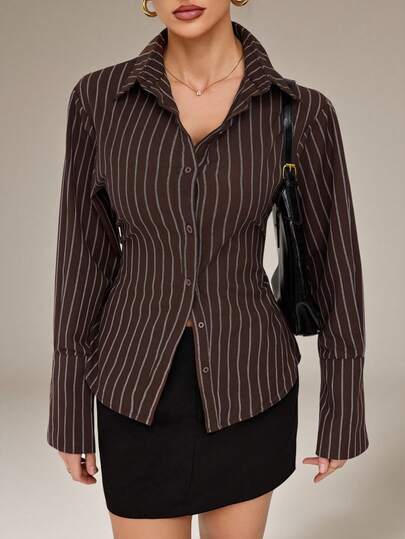 SHEIN Tall Women's Elegant Striped Button-Up Cinched Waist Shirt Women's Office Attire Professional Blouses For Women Suit Jacket For Women Brown Blazer Women Women S Office Attire Brown Shirts For Women
