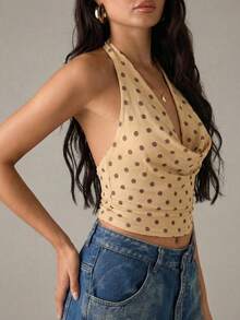 SHEIN BAE 女士波点露背系带时尚百搭上衣，适合约会和派对 - 淡黃色 - 查看 4