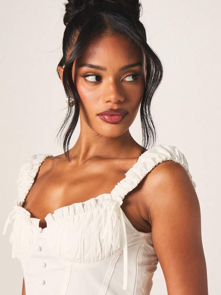MISSGUIDED Button Front Smocked Cotton Camisole Top With Ruffle Straps And Shirred Back Detail For Summer