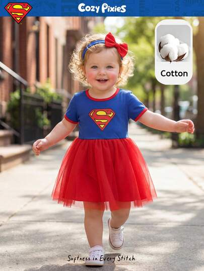 SUPERMAN X Cozy Pixies 2pcs Baby Girl Colorblock Knit Soft Round Neck Short Sleeve Waist Dress & Headband Set