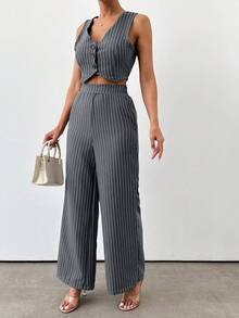 EURMUSE Black Stripe Linen Look Co-Ord - Grey - View 3