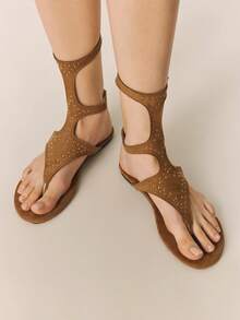 Styleloop New Sexy One-Buckle Roman Sandals, Women's Rivet Bohemian Flat Shoes, Brown Holiday Travel Essential Boho Cowgirl Outfit - Brown - View 2