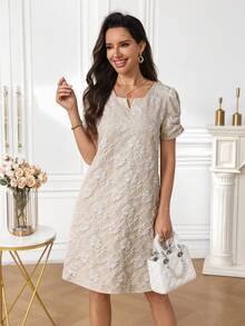 Miaspire Women's Summer Dress With Notched V-Neck And Short Sleeves - Khaki - View 4