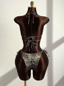 Zestiva Women's 2pcs Sexy Leopard Print Random Pattern V-Neck Spaghetti Strap Tie Camisole & Bikini Set, Summer - Multicolor - View 2