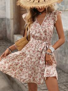 Brillora Summer Beach Paisley Print Ruffle Trim Belted Nashville Short Dress,Vacation,Vacation Style,BOHO,BOHO Style,Floral Print Ruffle Trim V-Neck Mini Dress,Boho Pink Flower Print Dress,Vacation Style Floral A-Line Mini Dress,Floral Print, Ruffle Trim, Summer Vacation,Wrap Front, Ruffle Sleeve Dress, Floral Dress, Summer Dress, Women S Summer Outfits, Wild Flower Dress, Women's Summer Dresses,Summer Dresses For Women - Apricot - View 8