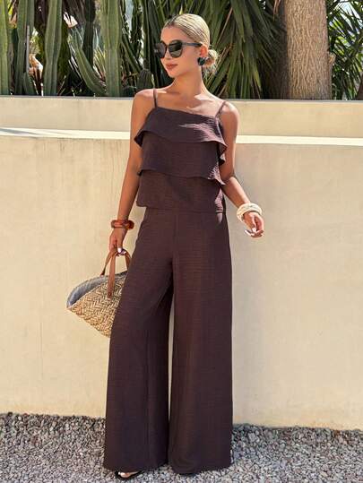 DAZY Women's Casual Solid Color Camisole & Wide Leg Pants 2 Pieces Set, Summer