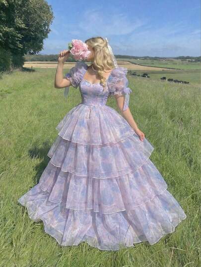 SHEIN MOD Women's Vintage Dreamy Floral Print Romantic Elegant Organza Dress, Summer, Date, Party, Holiday, Victorian Style Outfit,Vintage,Retro,Tea Party, Afternoon Tea, Wedding Season, Birthday, Graduation, Prom, With Square Neck And Puff Sleeves, Decorated With Layered Ruffle Hem And Bow,