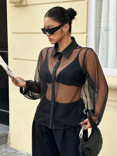 Dazy Plus Plus Size Women's Turndown Collar Single-Breasted Mesh Sheer Sexy See-Through Long Sleeve Blouse