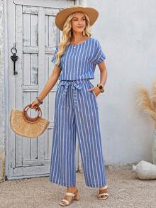 EMERY ROSE 女士条纹圆领短袖上衣和裤子两件套，女士度假套装，纯棉服装，100%纯棉，可退货退款，女士休闲连衣裙，女士夏季休闲套装，女士夏季套装 - 藍色 - 查看 9