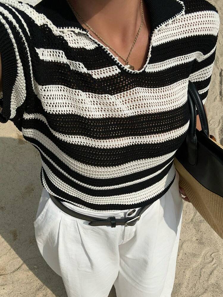 Dazy Plus Color Block Loose Fit Short Sleeve Casual Black Knit Top, Spring/Summer