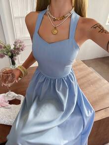 DAZY Women's Summer Backless Denim Dress, Casual Vacation Style - Light Wash - View 5