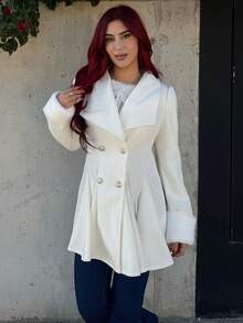 Bearsaez 女士貂皮袖口领腰部 A 字型优雅日常通勤厚羊毛大衣 - 杏色 - 查看 1