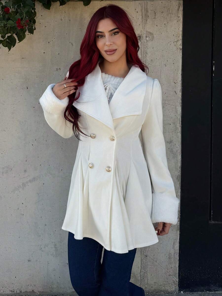 Bearsaez 女士貂皮袖口领腰部 A 字型优雅日常通勤厚羊毛大衣 - 杏色 - 查看 1