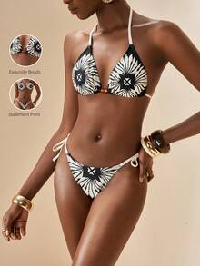 Zivah Women's Summer Beach Floral Print Halter Tie Sexy Bikini Swimwear Set - Black - View 8