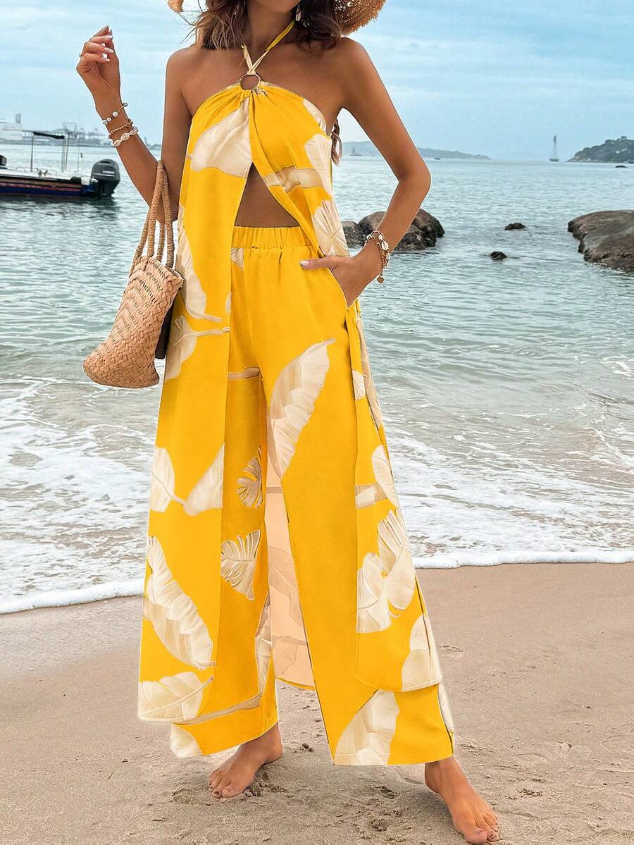 Breezaya Tropical Plant Print Halter Crop Top + Elastic Waist Straight Leg Pants 2 Pieces Set, Spring/Summer - Yellow - View 1