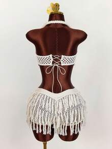 Amplova 2026新款V腰流苏针织迷你裙，性感前卫风格，适合音乐节等场合，百搭单品 - 杏色 - 查看 2