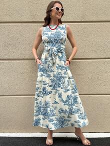 Solivie All-Over Print Belted Casual Sleeveless Dress With Slant Pockets - Multicolor - View 5