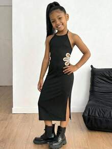 SHEIN Tween Girls' Black Knit Sleeveless Snug Fit Mini Dress With Cutout Waist And Contrast Trim, Versatile All-Match Dress For Spring/Summer - Black and White - View 3