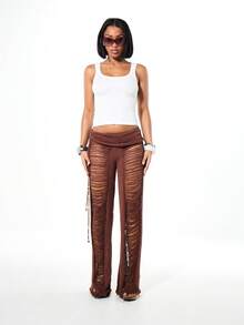 SUMWON WOMEN 波西米亚风流苏针织高腰喇叭裤，带梯形镂空细节，弹力针织长裤，适合节日狂欢派对的阔腿裤 - 棕色 - 查看 3