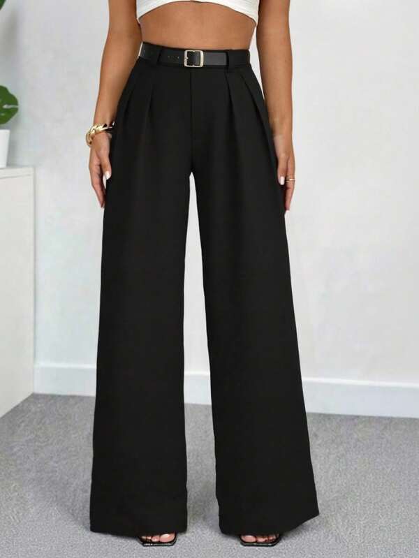 SHEIN PETITE Old Money Sexy Business Casual High Waist Pleated Wide Leg Pants – Elegant Solid Color Loose Trousers, Professional Office Wear, Chic Tailored Work Pants For Women