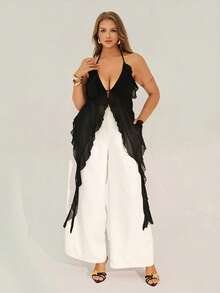 Auralis 大码女式性感吊带雪纺飘逸休闲沙滩度假上衣/不对称荷叶边下摆修身吊带衬衫 - 黑色 - 查看 7