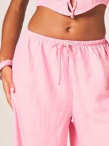 MISSGUIDED Women's High Waisted Wide Leg Linen Feel Palazzo Trousers Pink Drawstring Summer Vacation Beach Casual Pants Flowy Relaxed Fit Bottoms - Pink - View 4