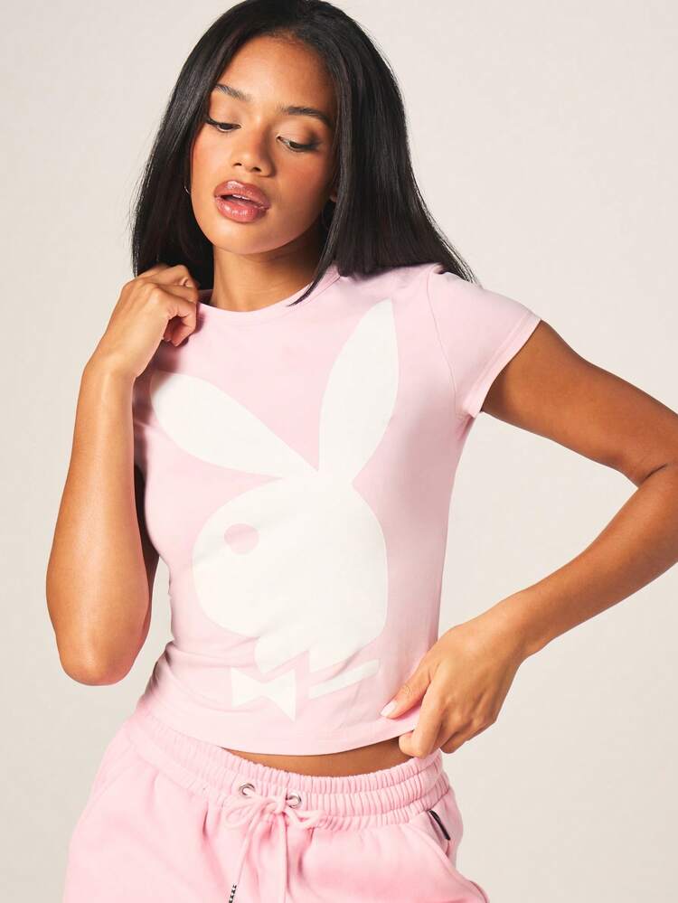 Missguided x Playboy Fitted Graphic Baby Tee Short Sleeve Crew Neck Pink Cotton Blend Women's Cropped T-Shirt With White Bunny Logo