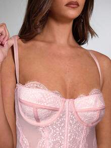 SHEIN BAE Áo corset đen hai dây phối ren dành cho nữ, kiểu dáng gợi cảm, thích hợp cho đêm giao thừa, trang phục đón năm mới cho nữ, áo corset cho nữ. - Màu Hồng  San hô - Xem 4