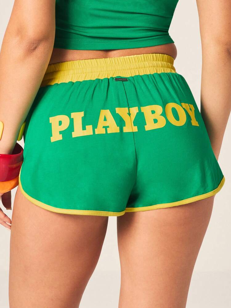 Missguided x Playboy Women's Logo High Waisted Booty Shorts With Yellow Contrast Trim And Drawstring Waist For Summer Casual Wear