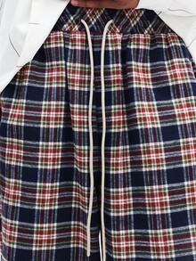 SUMWON 男士格子宽松套穿格纹裤休闲宽松阔腿抽绳腰带舒适休闲日常裤 - 藍色 - 查看 6