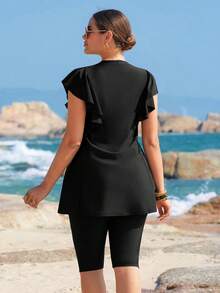 Swim Shayni Bộ đồ bơi hai mảnh quần short màu trơn viền bèo nhún dành cho nữ cỡ lớn, thích hợp cho kỳ nghỉ biển (burkini). - màu đen - Xem 2