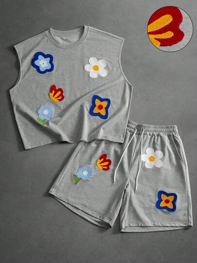 PAVTROS Men's Casual Vacation & Commute Floral Print Tank Top And Drawstring Waist Shorts Set, Summer